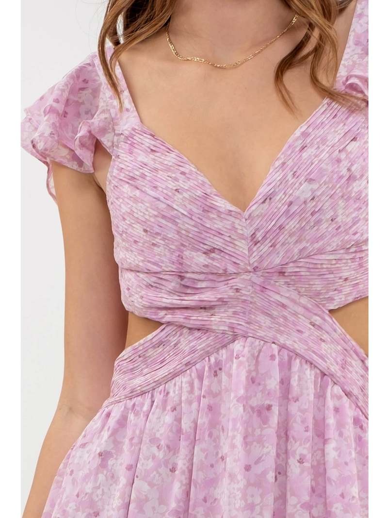 Pink Flutter Sleeve Maxi Dress with Cut-Out Detail