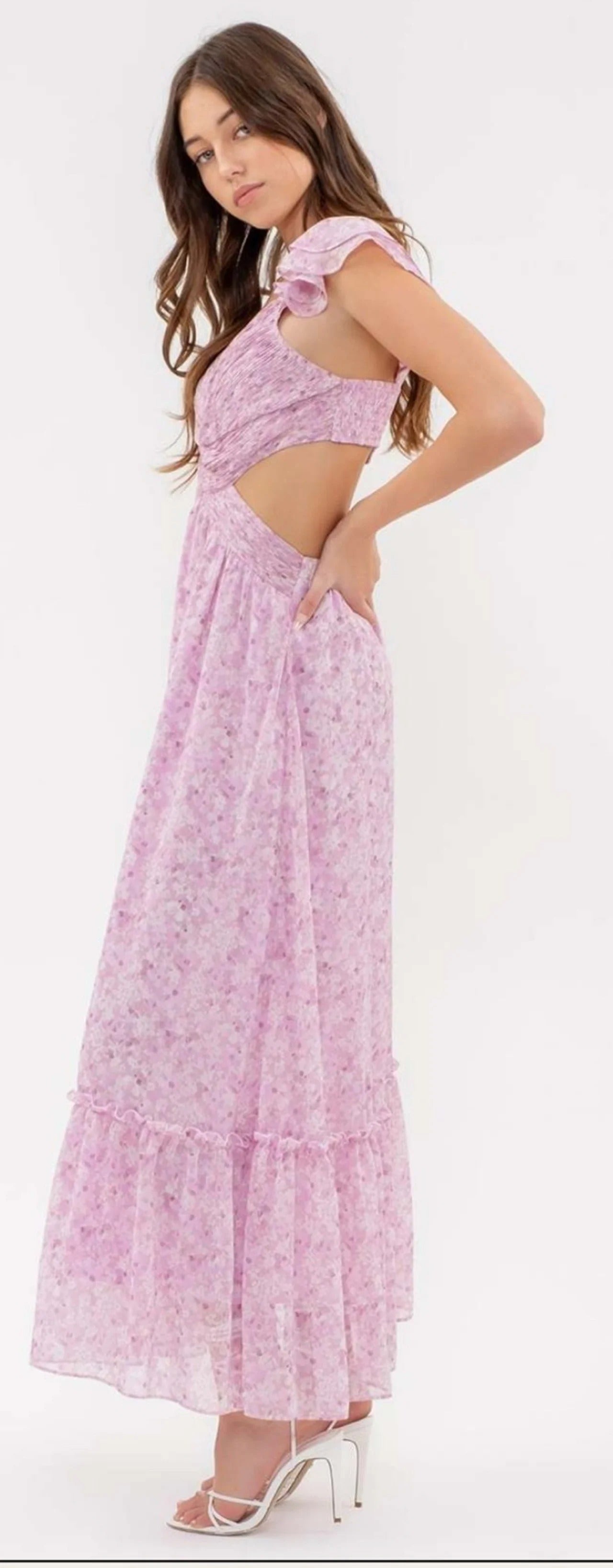 Pink Flutter Sleeve Maxi Dress with Cut-Out Detail