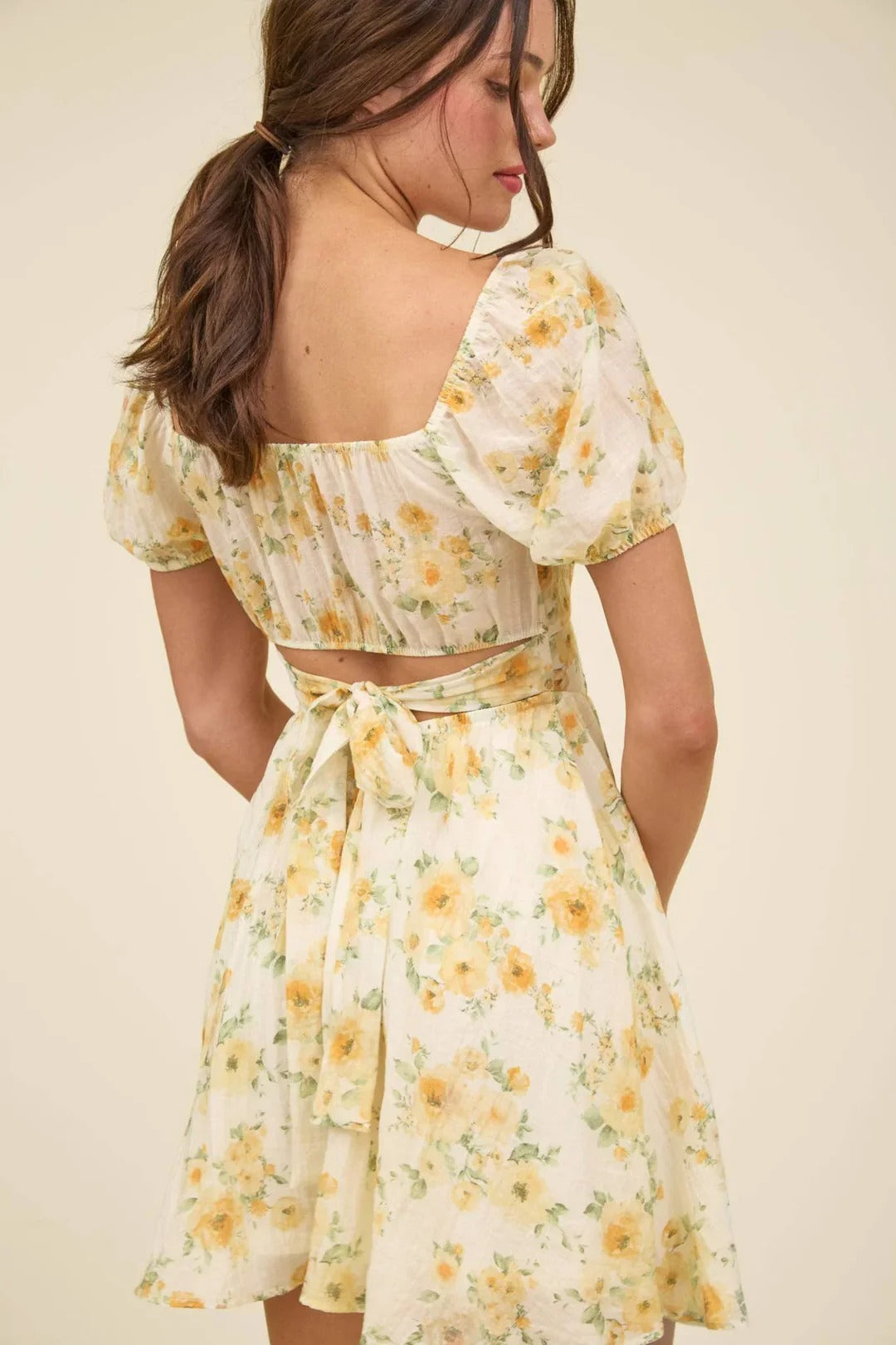 Cream Floral Puff Sleeve Mini Dress with Ruffled Hem
