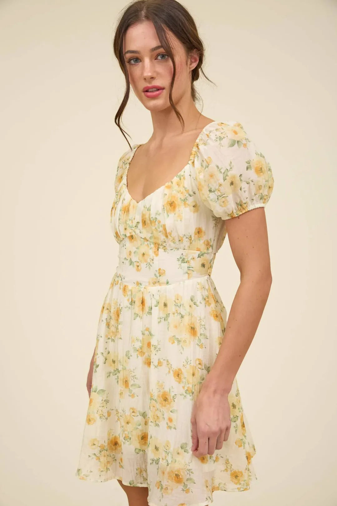 Cream Floral Puff Sleeve Mini Dress with Ruffled Hem