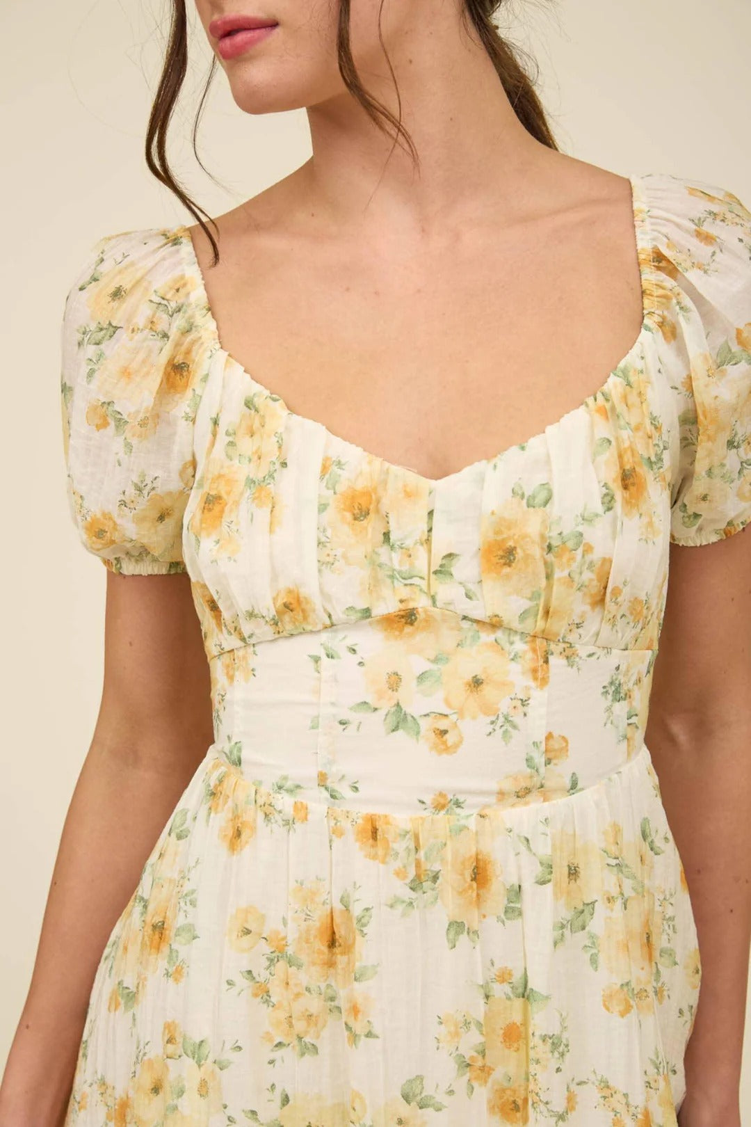 Cream Floral Puff Sleeve Mini Dress with Ruffled Hem