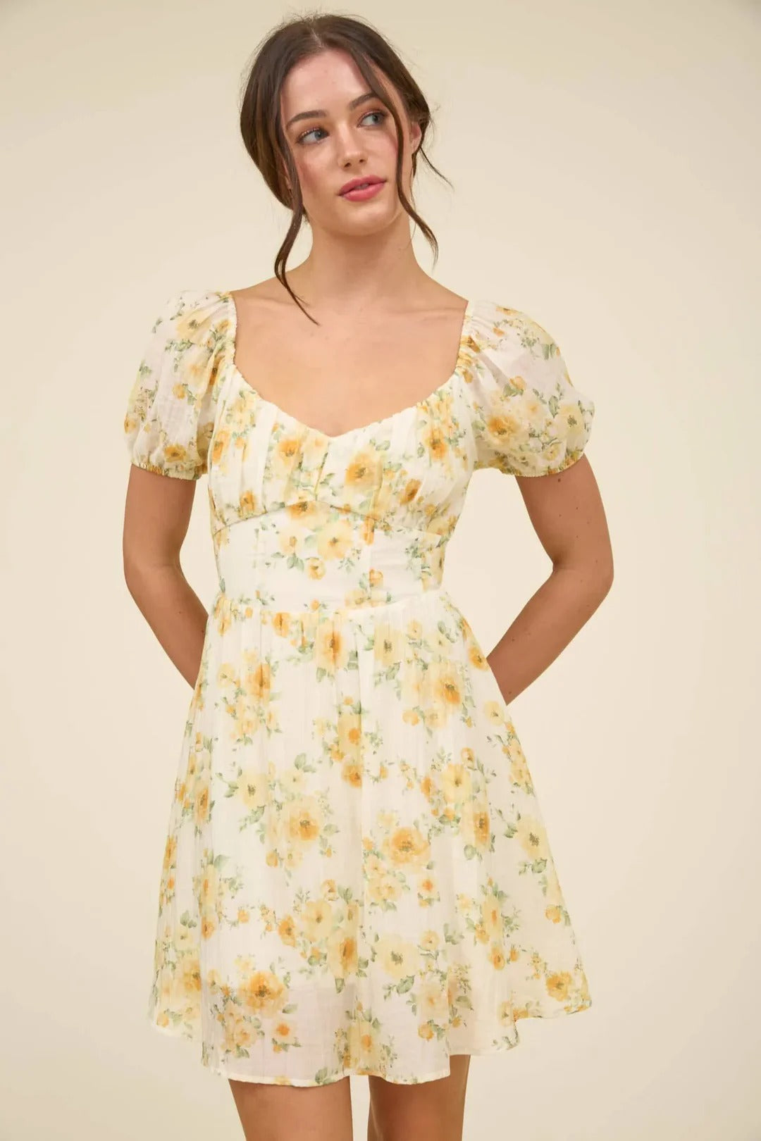 Cream Floral Puff Sleeve Mini Dress with Ruffled Hem