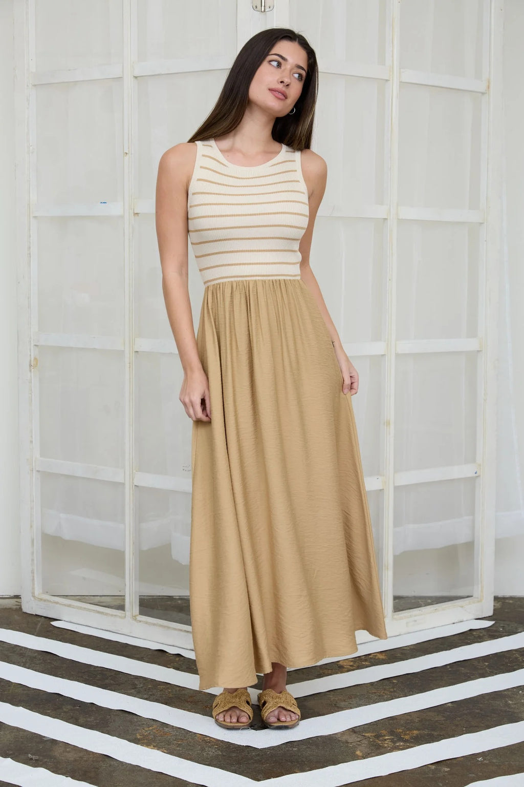 Beige Sleeveless Maxi Dress with Striped Bodice
