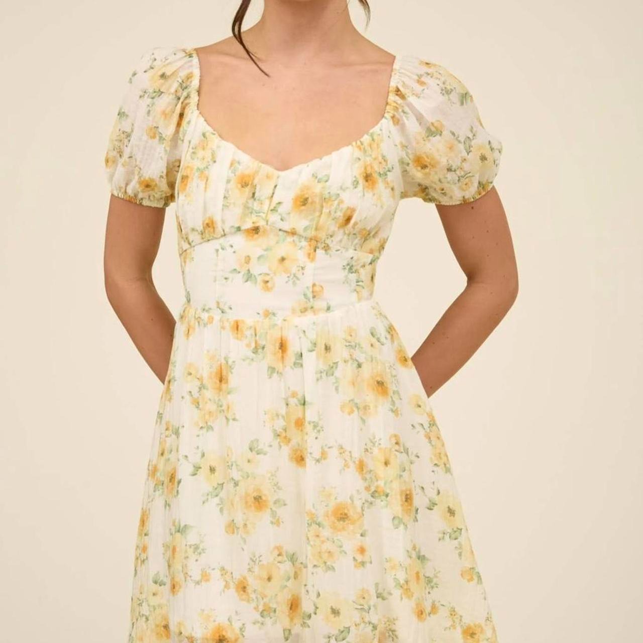 Cream Floral Puff Sleeve Mini Dress with Ruffled Hem