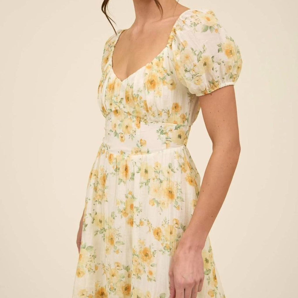 Cream Floral Puff Sleeve Mini Dress with Ruffled Hem