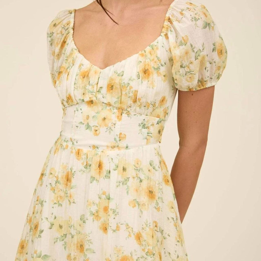 Cream Floral Puff Sleeve Mini Dress with Ruffled Hem