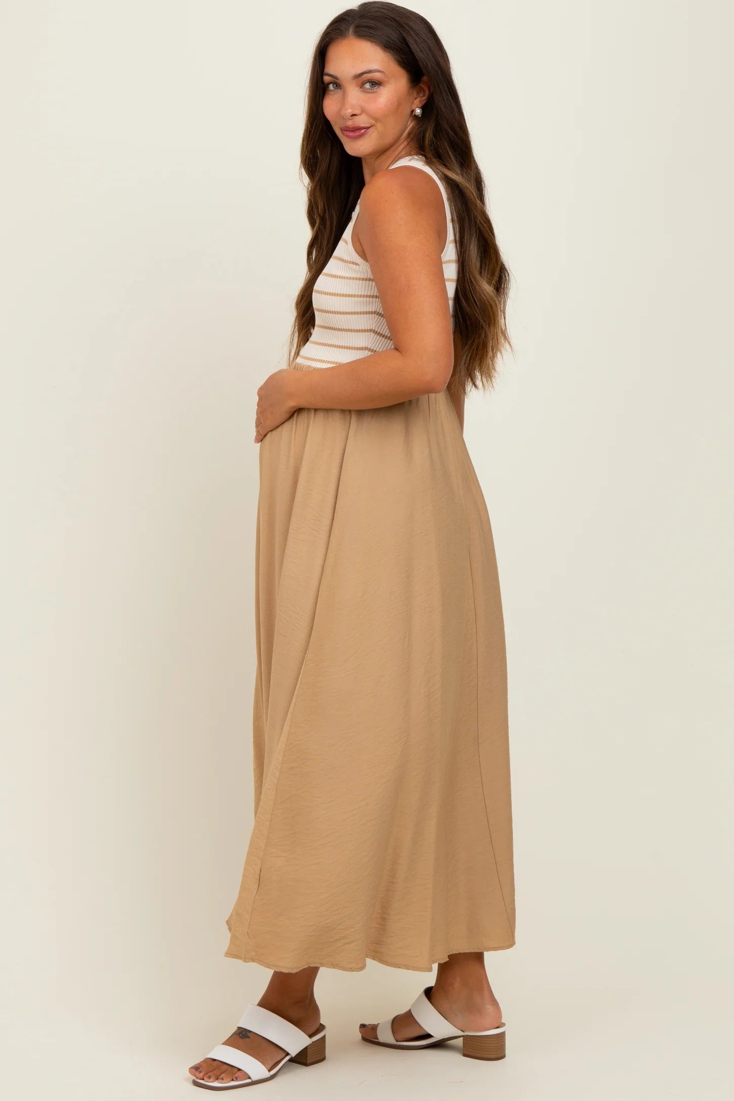 Beige Sleeveless Maxi Dress with Striped Bodice
