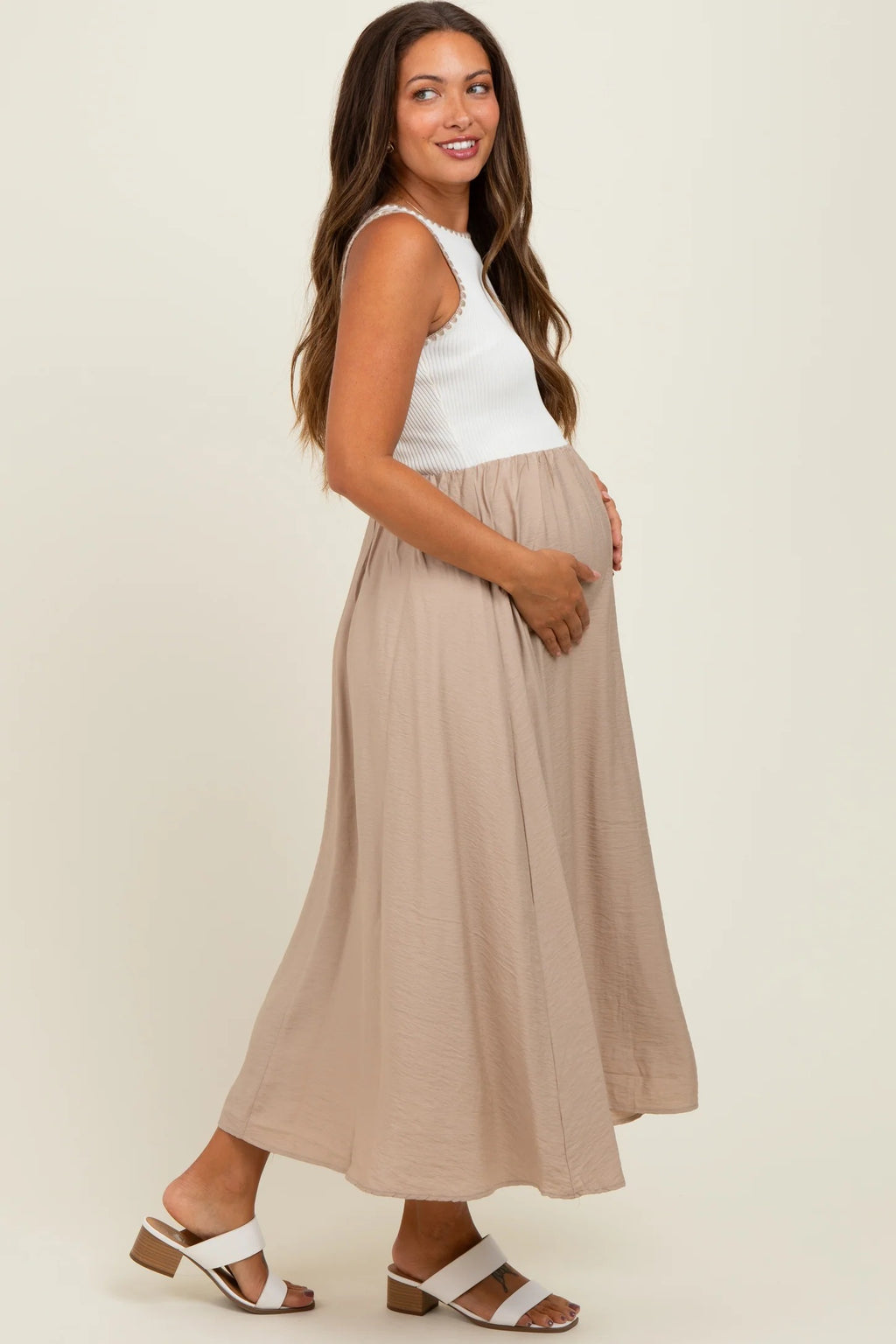 Cream Sleeveless Maxi Dress with Pleated Skirt