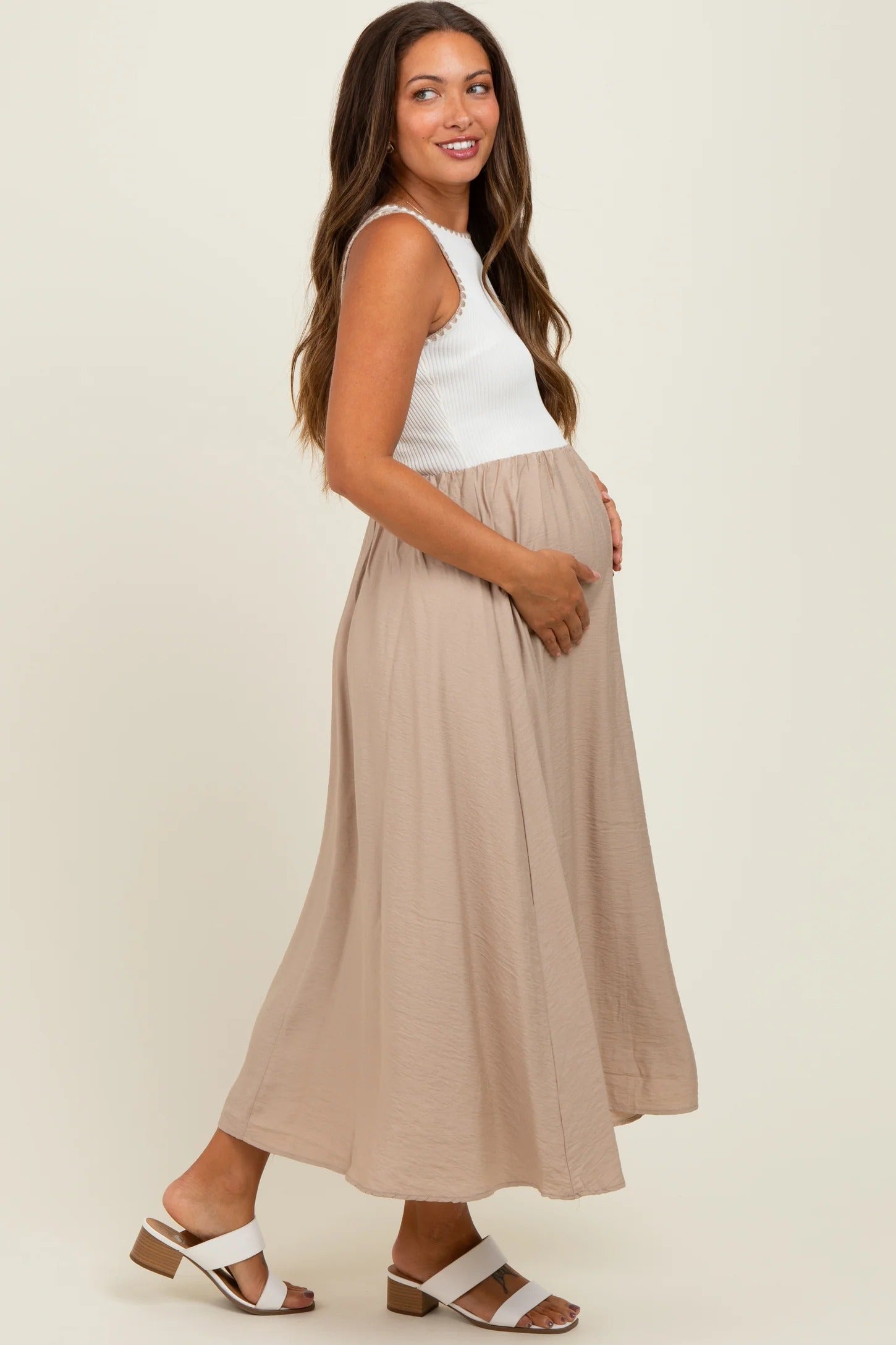 Cream Sleeveless Maxi Dress with Pleated Skirt