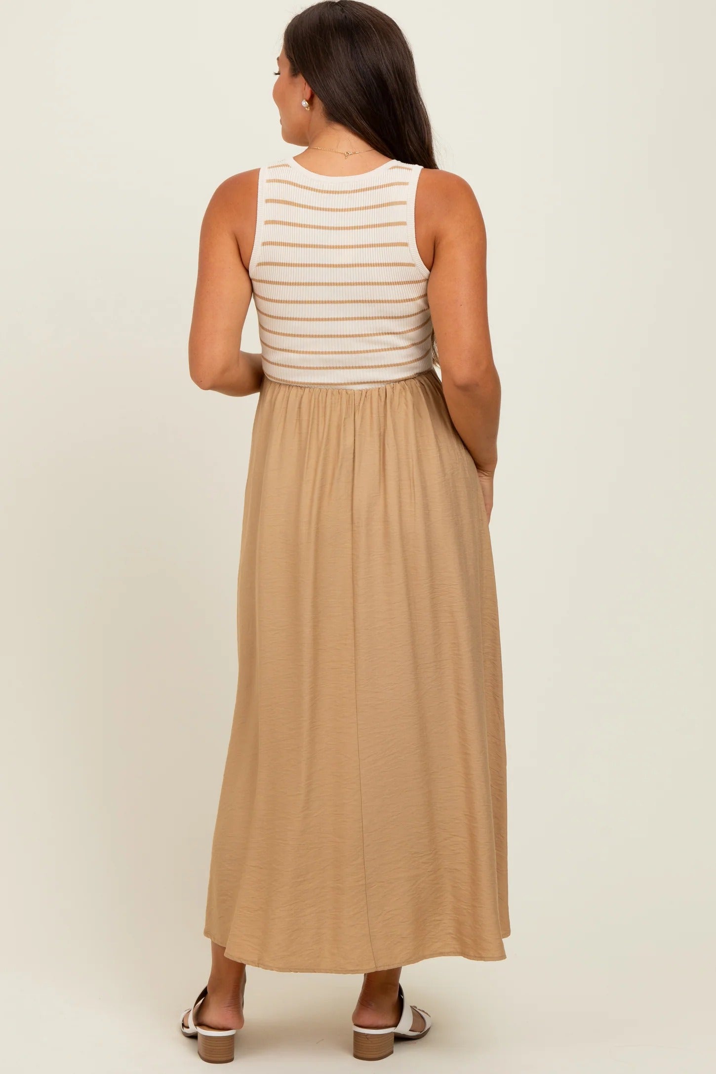 Beige Sleeveless Maxi Dress with Striped Bodice