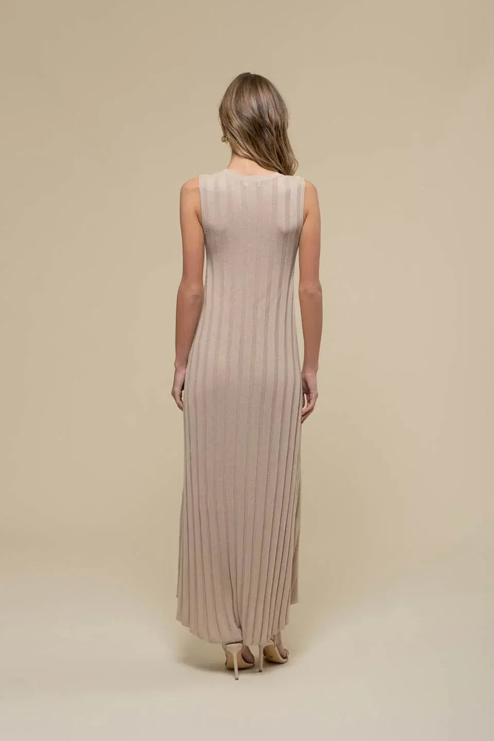 Beige Sleeveless Maxi Dress with Ribbed Texture Knit
