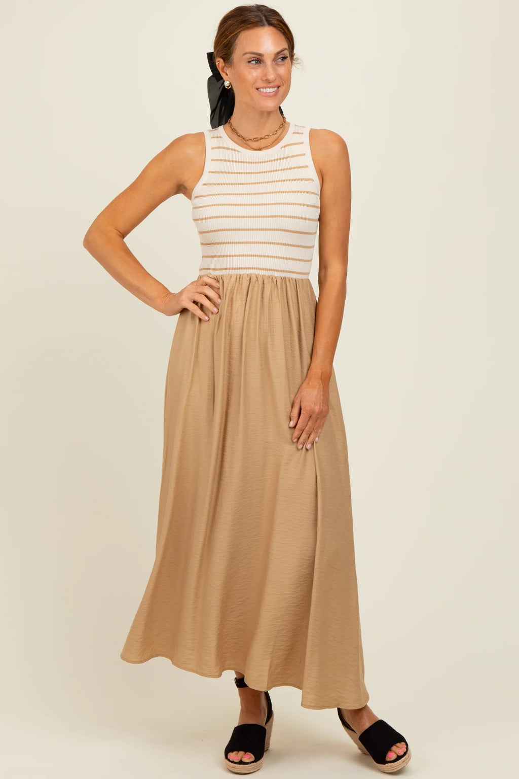 Beige Sleeveless Maxi Dress with Striped Bodice