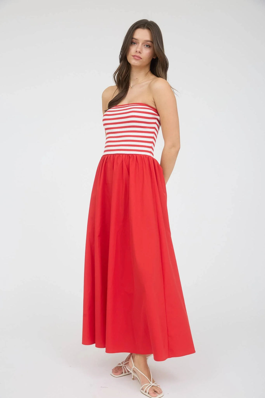Red Maxi Strapless Dress with Striped Bodice