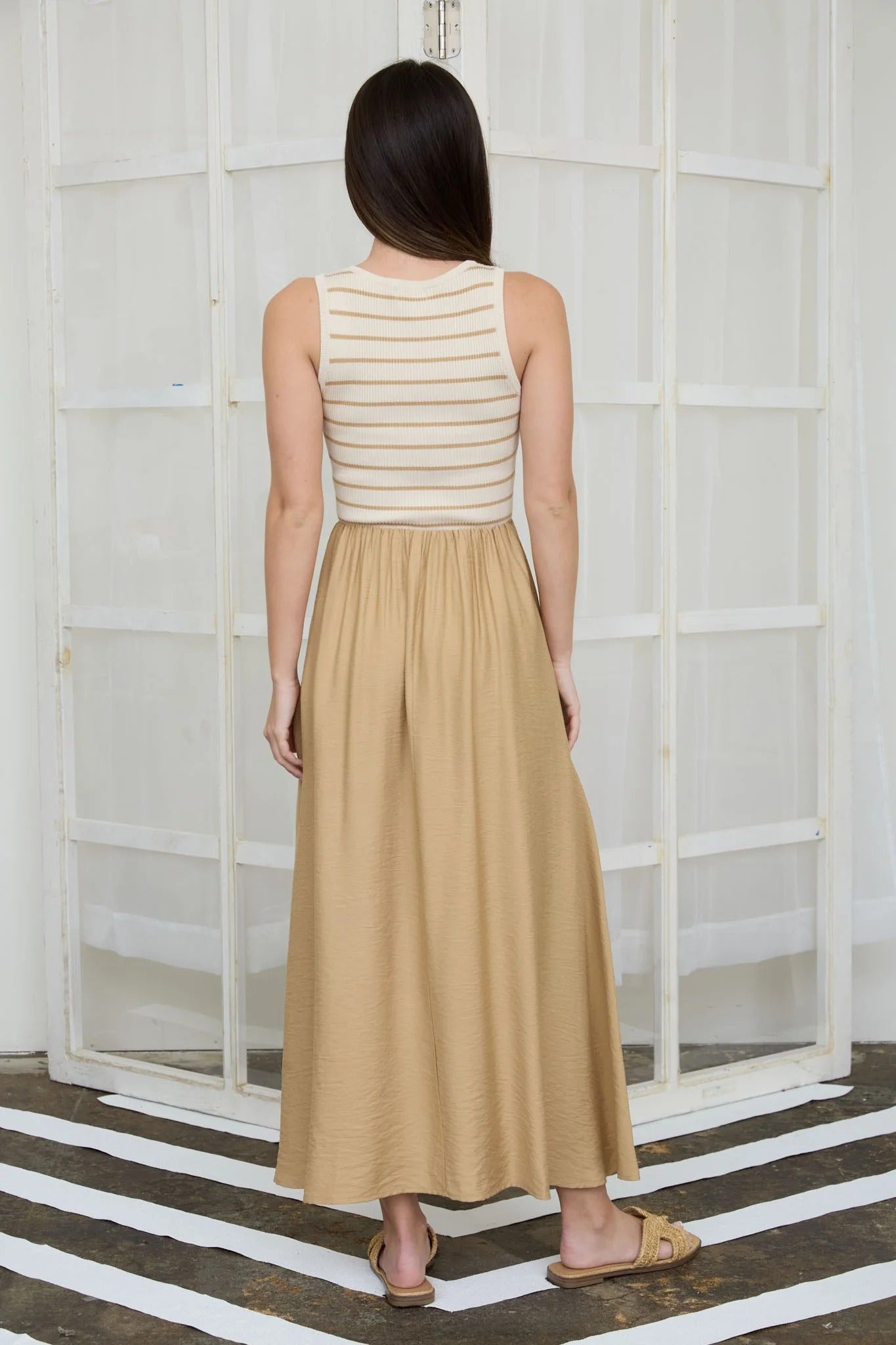 Beige Sleeveless Maxi Dress with Striped Bodice