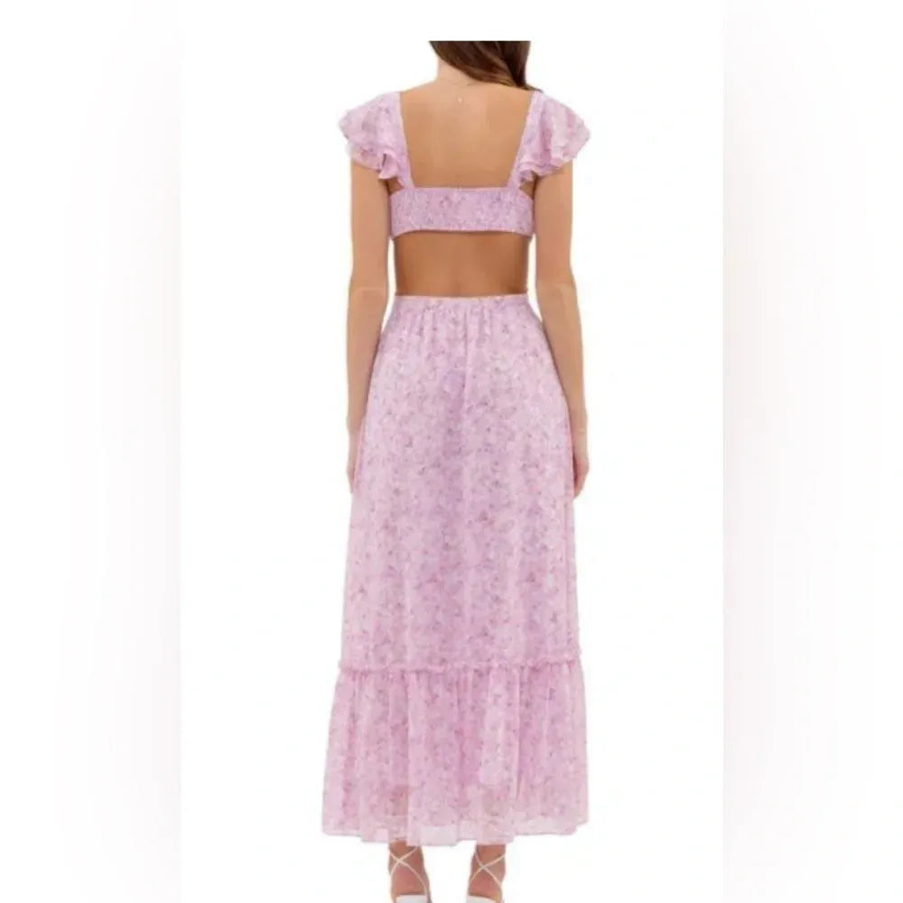 Pink Flutter Sleeve Maxi Dress with Cut-Out Detail