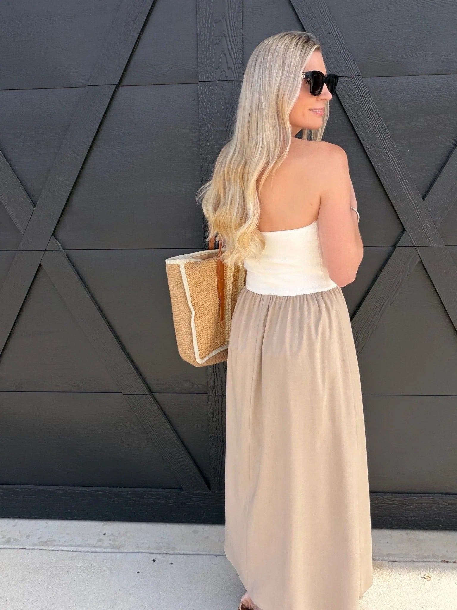 Beige Strapless Maxi Dress with Gathered Waist