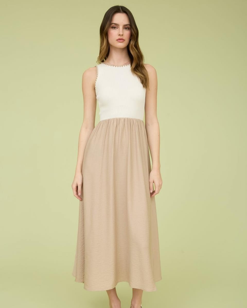 Cream Sleeveless Maxi Dress with Pleated Skirt