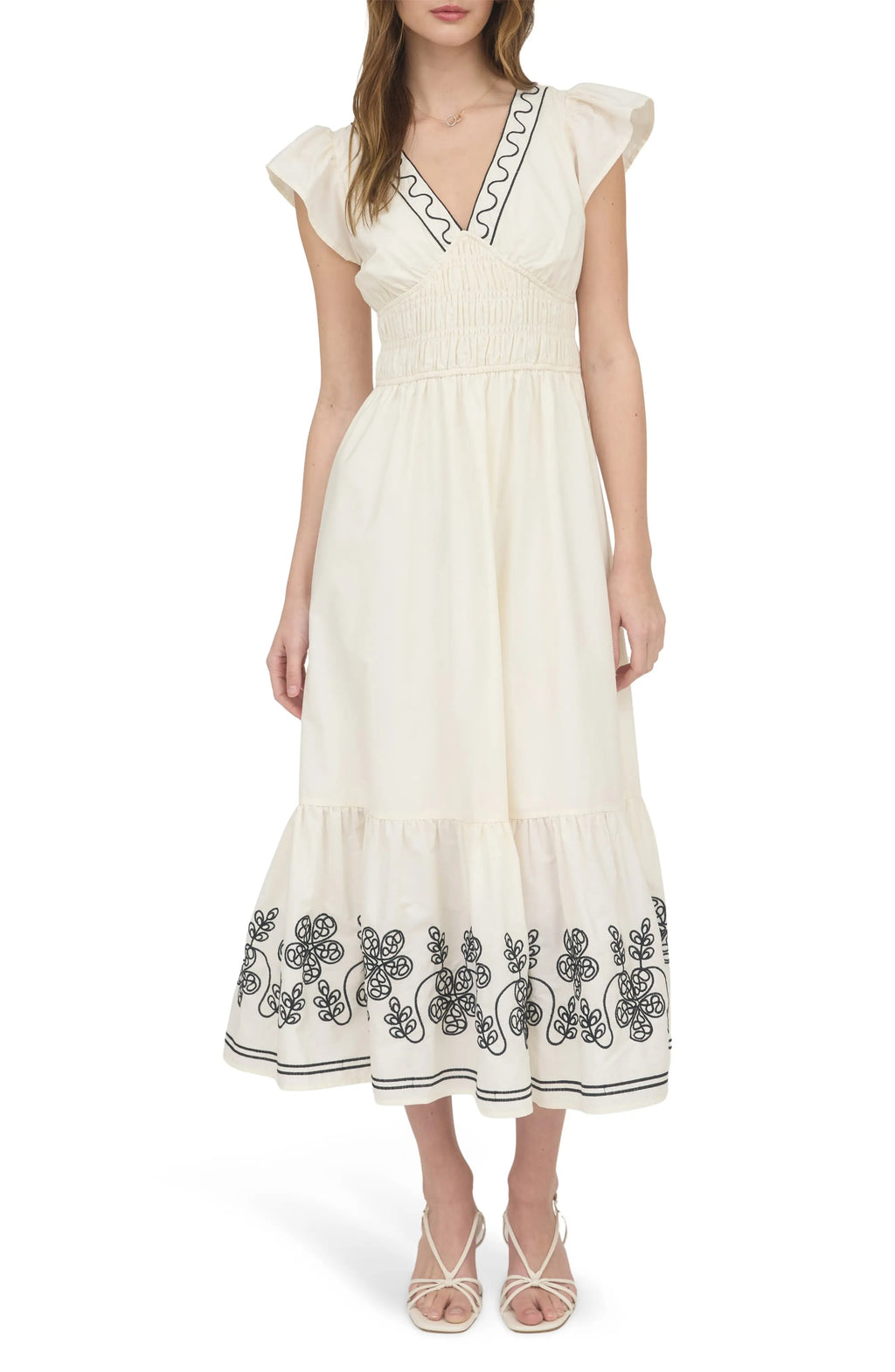 Cream Flutter Sleeve V-Neck Maxi Dress with Embroidery