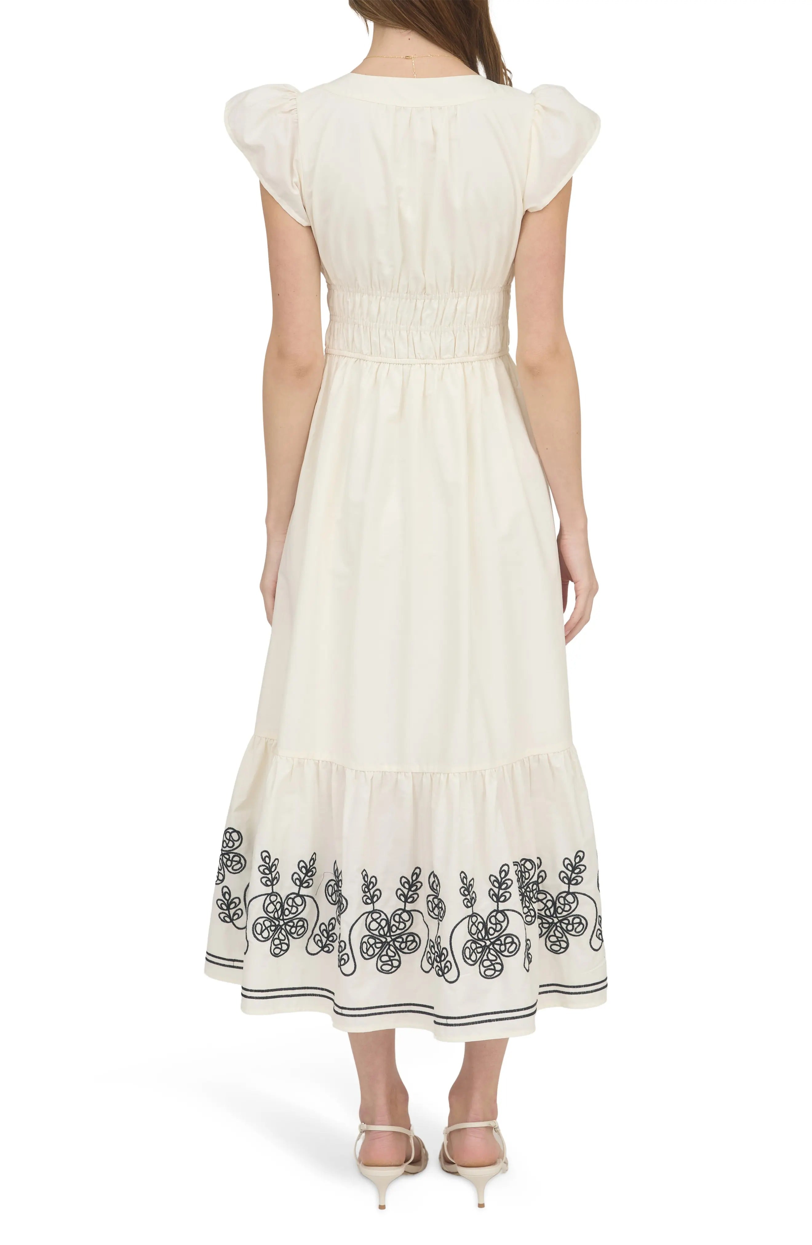 Cream Flutter Sleeve V-Neck Maxi Dress with Embroidery