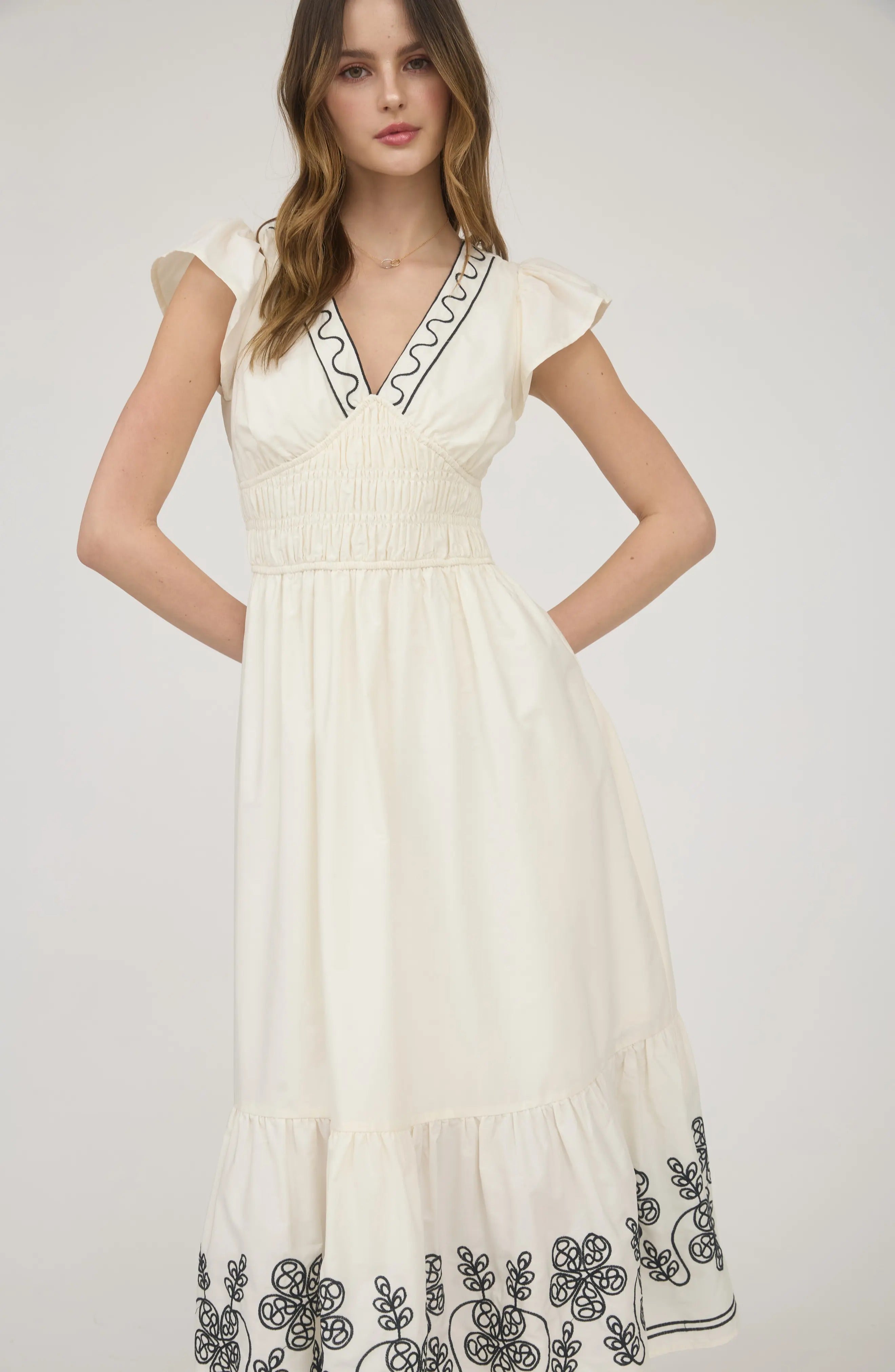 Cream Flutter Sleeve V-Neck Maxi Dress with Embroidery