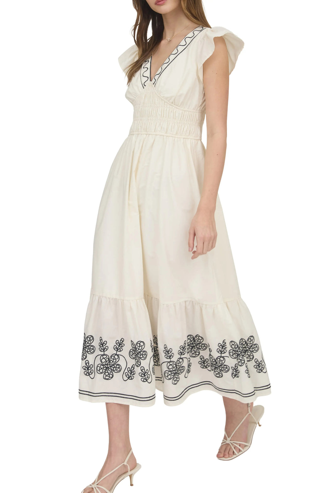 Cream Flutter Sleeve V-Neck Maxi Dress with Embroidery