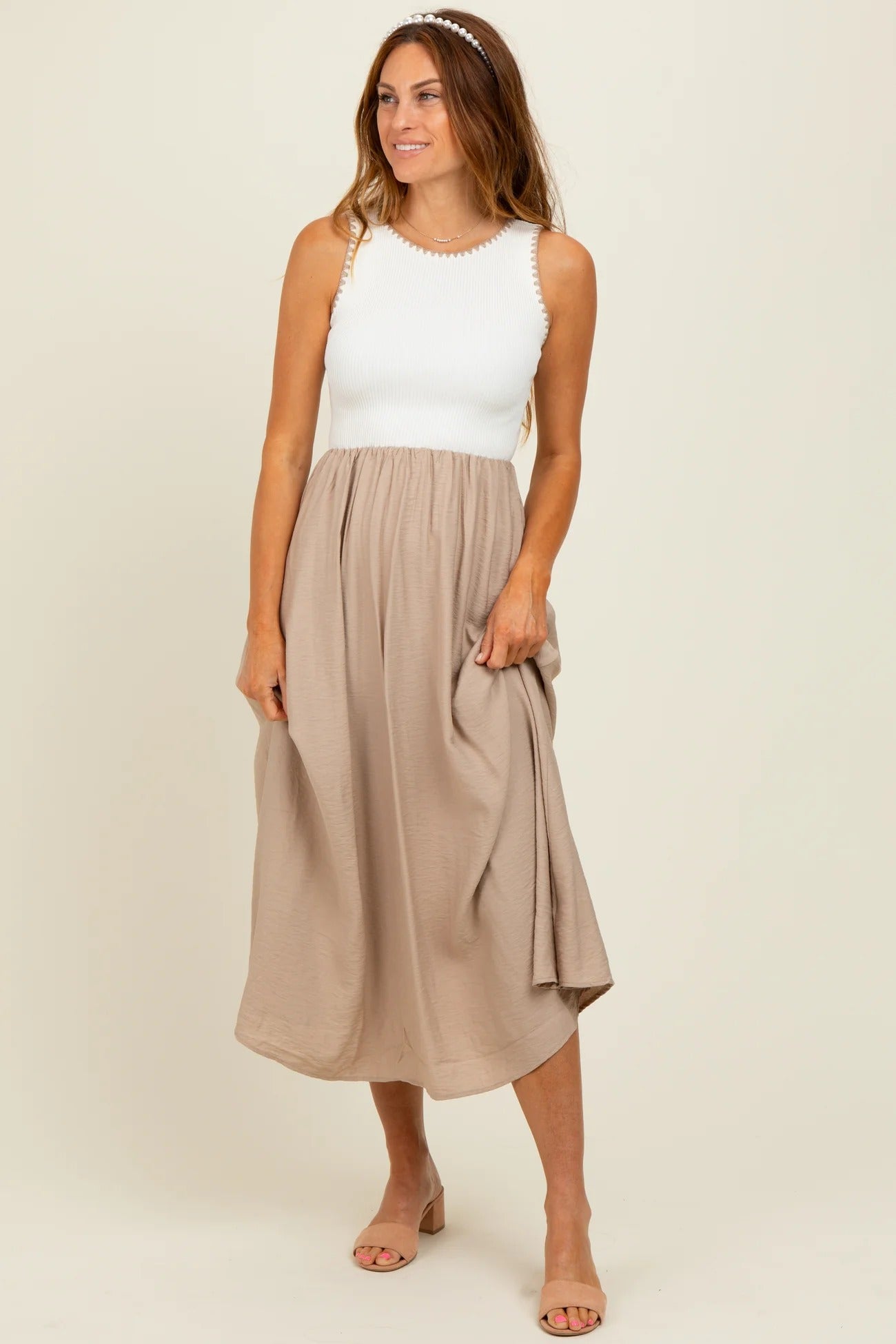 Cream Sleeveless Maxi Dress with Pleated Skirt