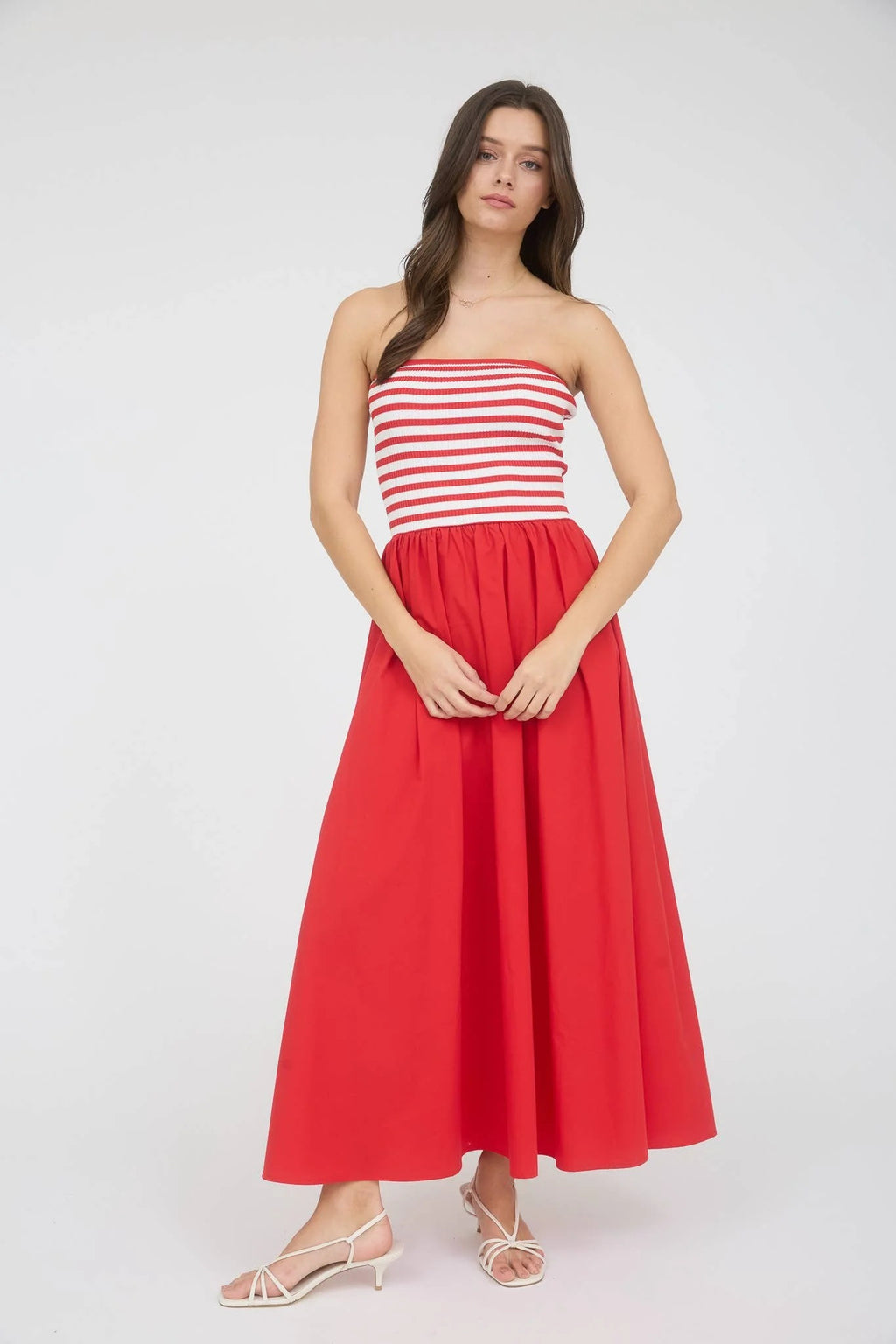 Red Maxi Strapless Dress with Striped Bodice