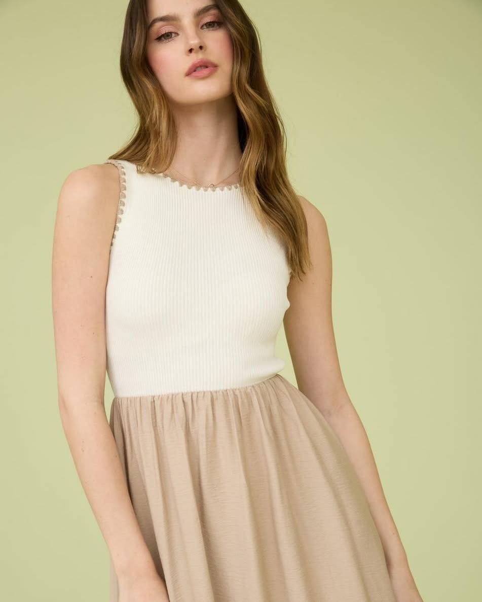 Cream Sleeveless Maxi Dress with Pleated Skirt