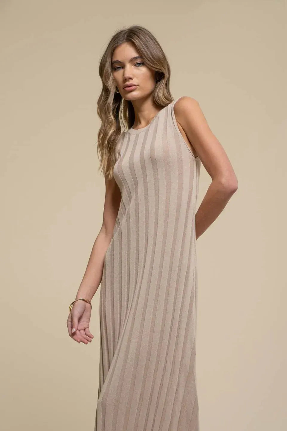 Beige Sleeveless Maxi Dress with Ribbed Texture Knit