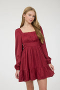 Burgundy Square Neck Long Sleeve Dress with Ruffle Hem