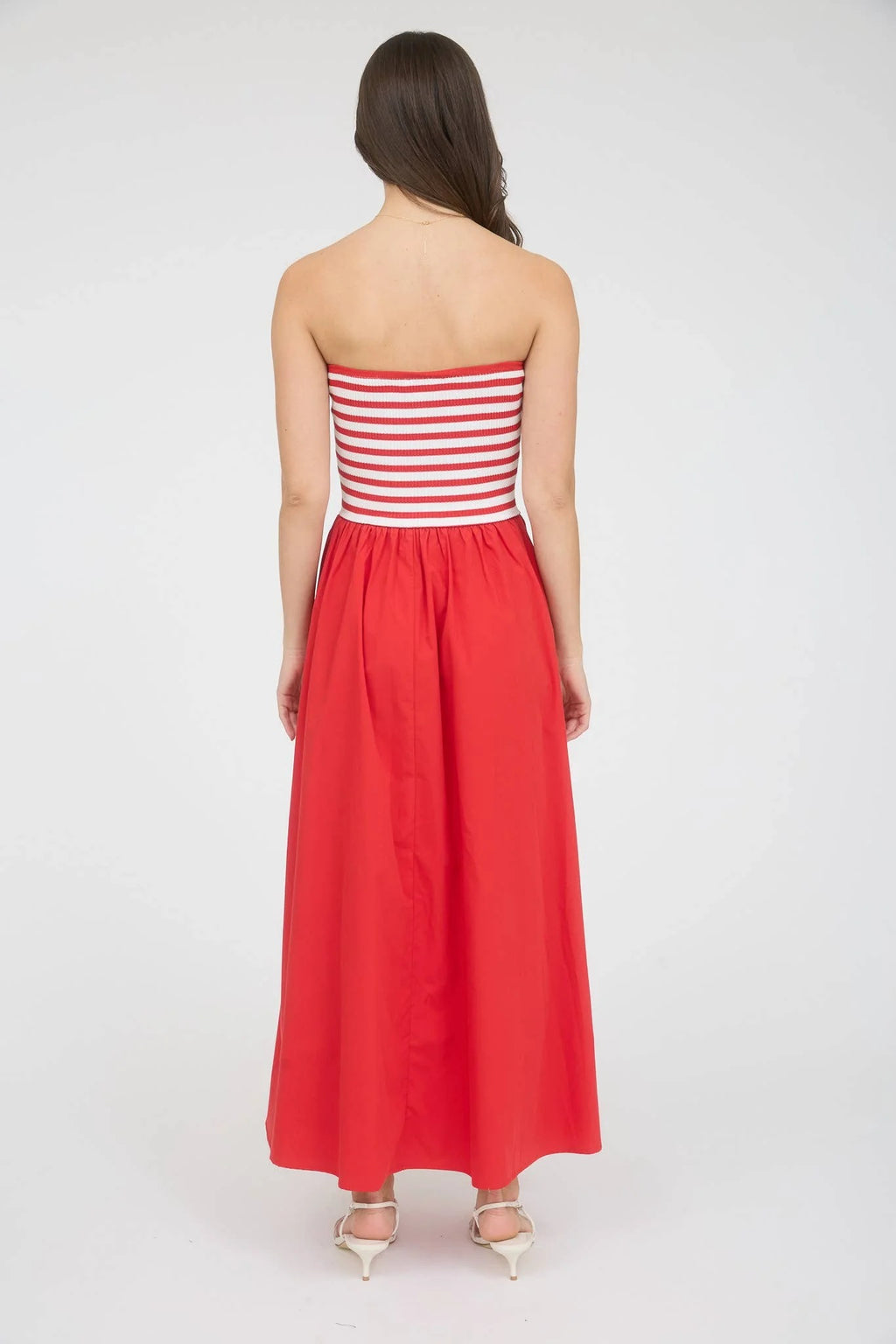 Red Maxi Strapless Dress with Striped Bodice