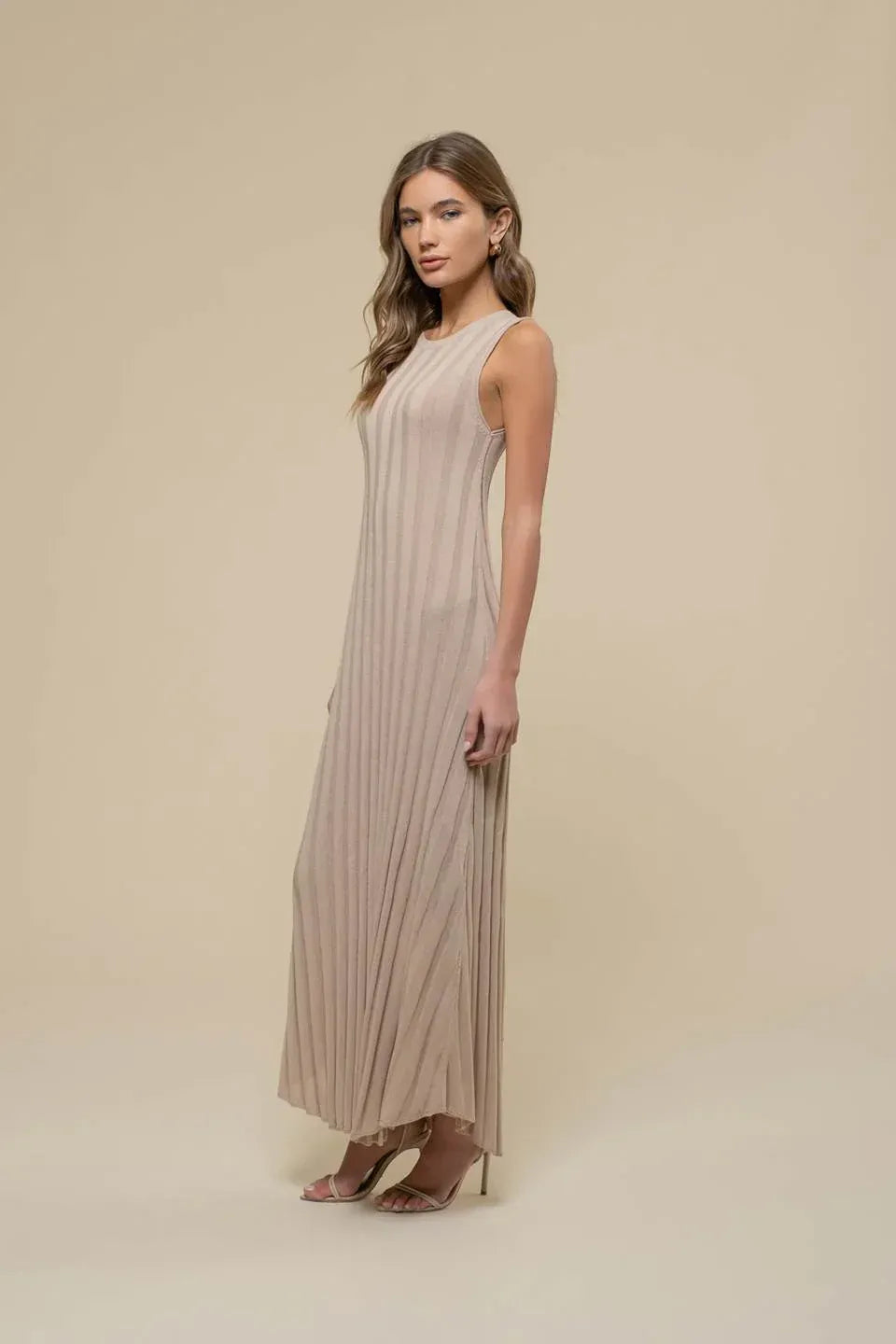 Beige Sleeveless Maxi Dress with Ribbed Texture Knit