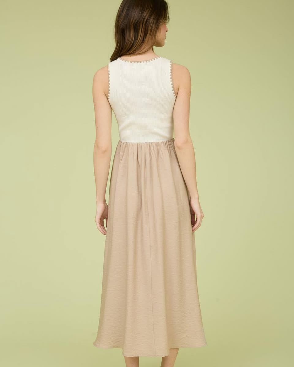 Cream Sleeveless Maxi Dress with Pleated Skirt