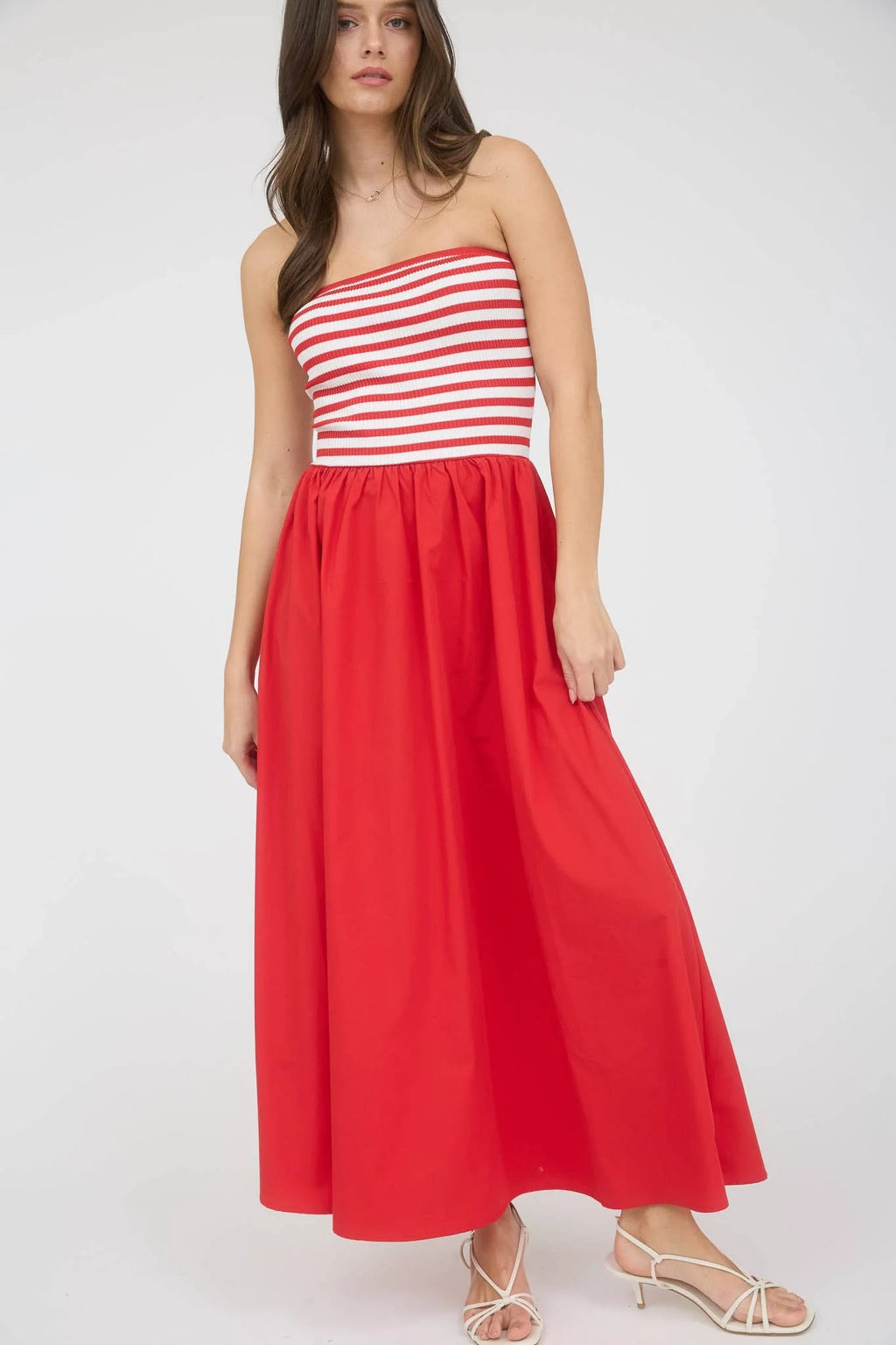 Red Maxi Strapless Dress with Striped Bodice