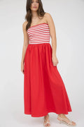 Red Maxi Strapless Dress with Striped Bodice