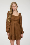 Brown Long Sleeve Square Neck Dress with Ruffle Hem