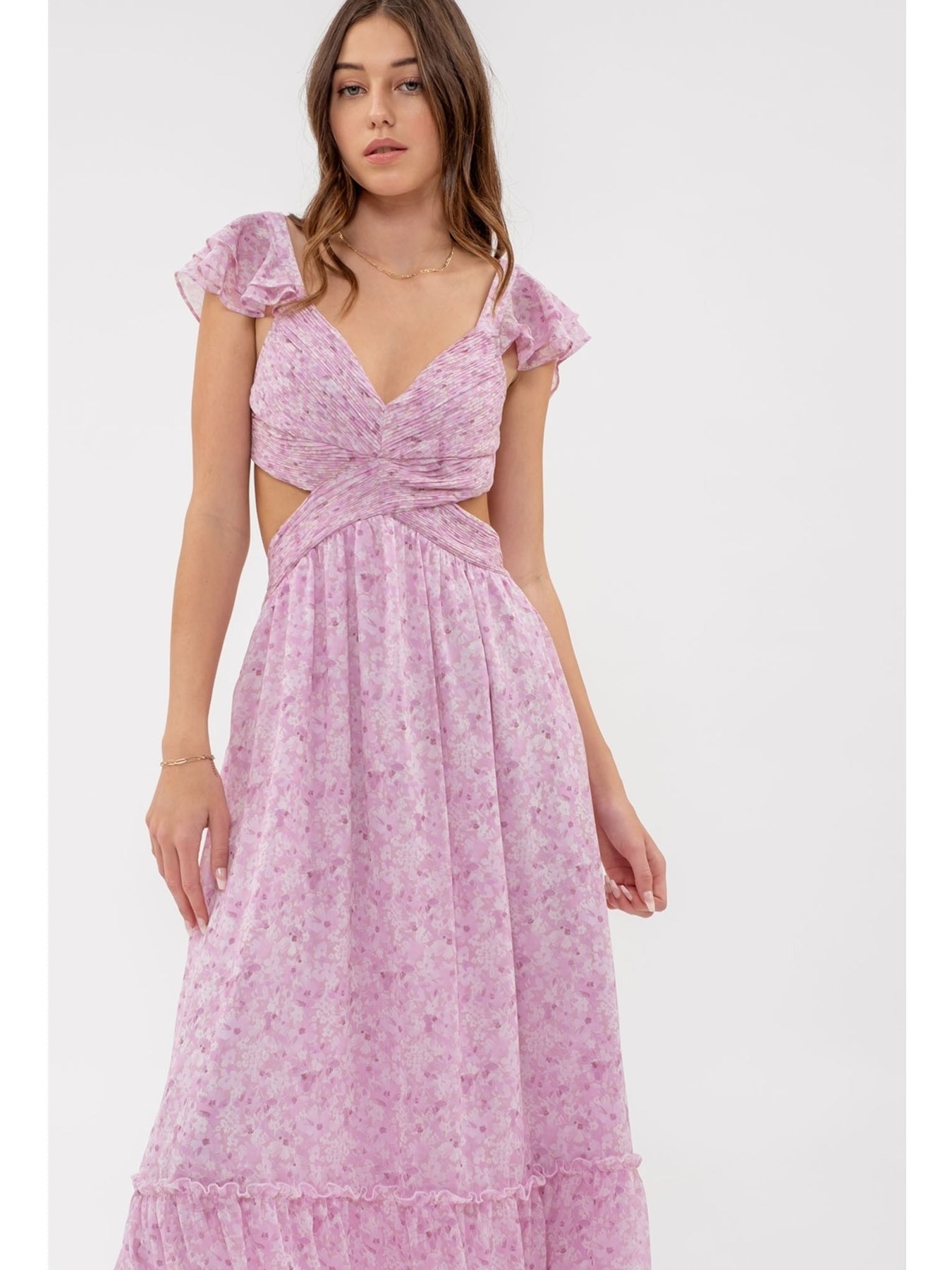 Pink Flutter Sleeve Maxi Dress with Cut-Out Detail
