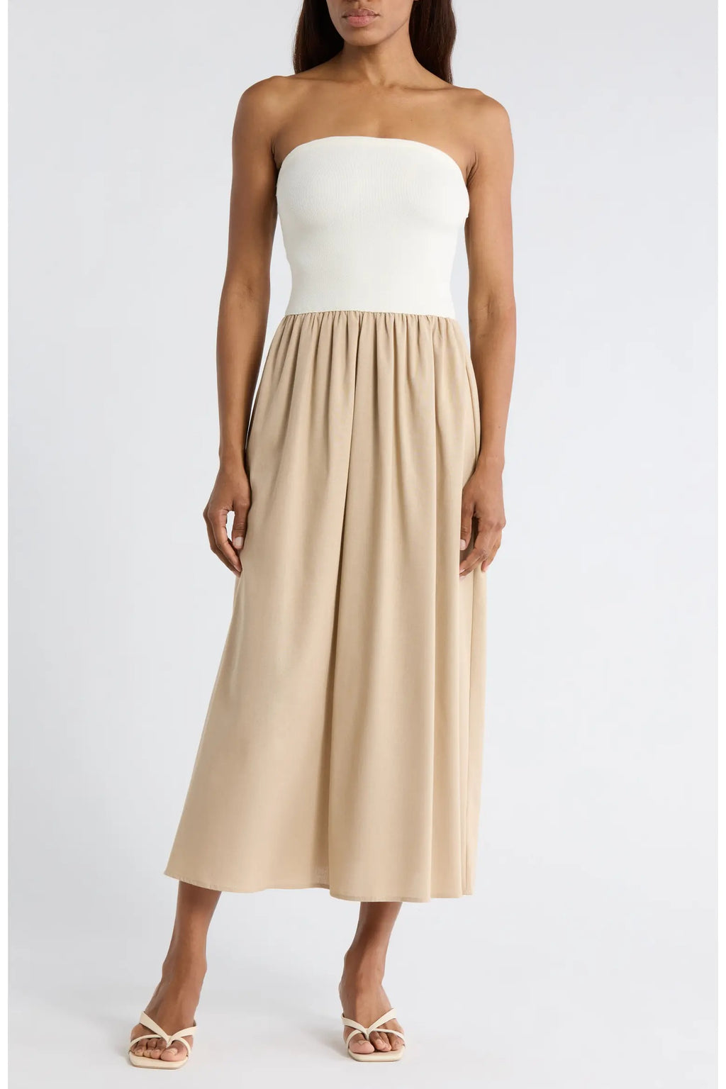 Beige Strapless Maxi Dress with Gathered Waist