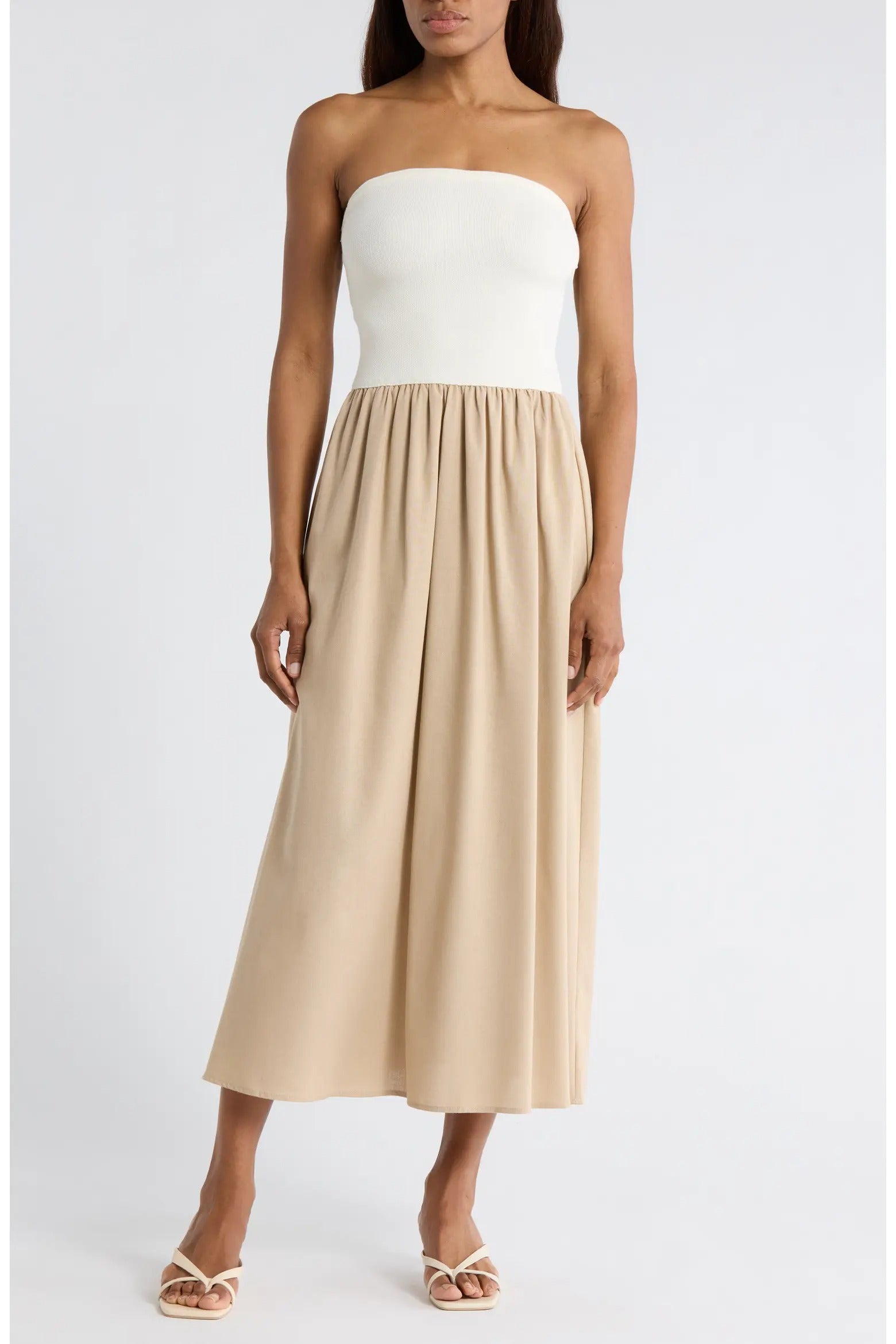 Beige Strapless Maxi Dress with Gathered Waist