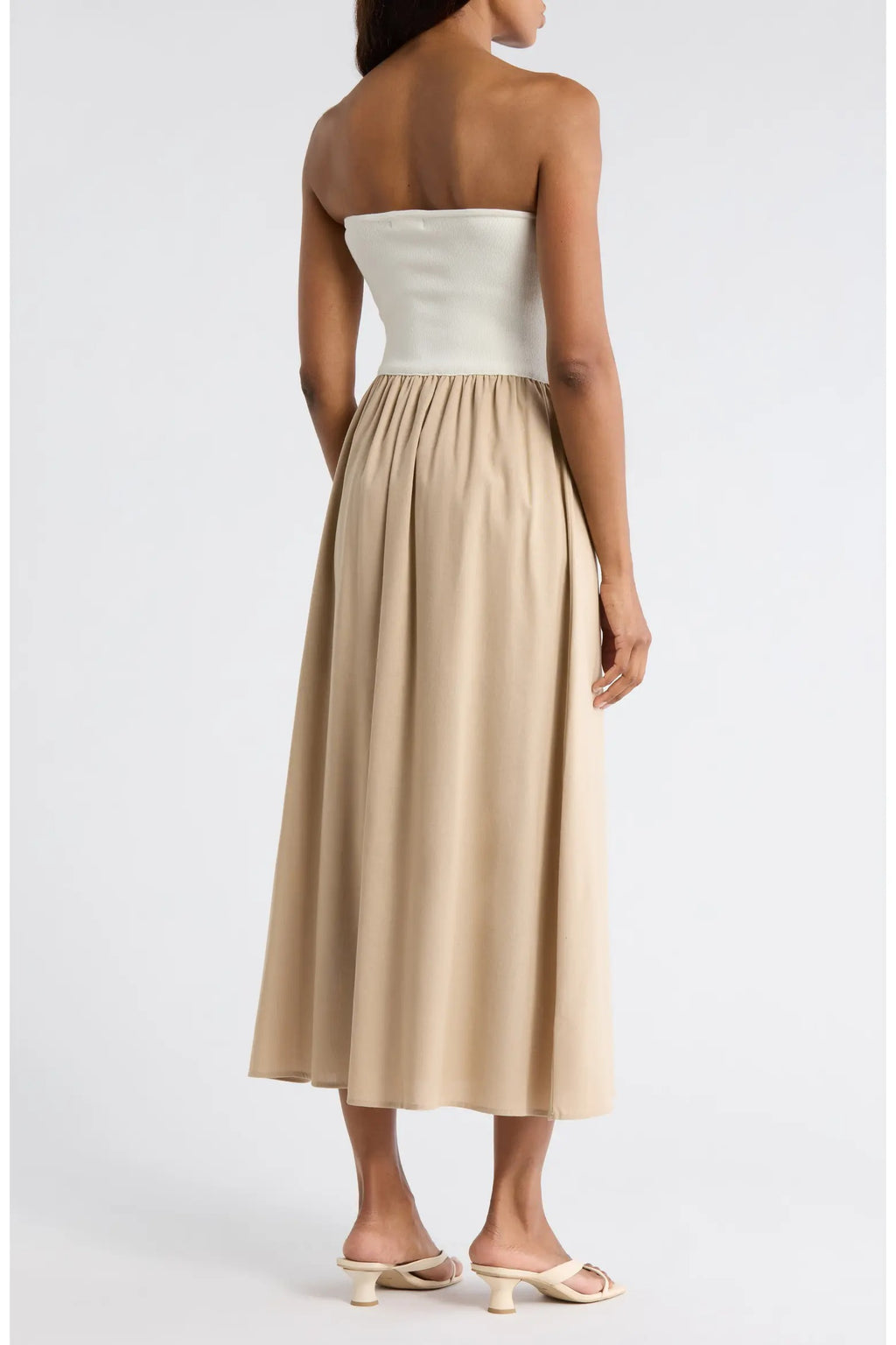Beige Strapless Maxi Dress with Gathered Waist