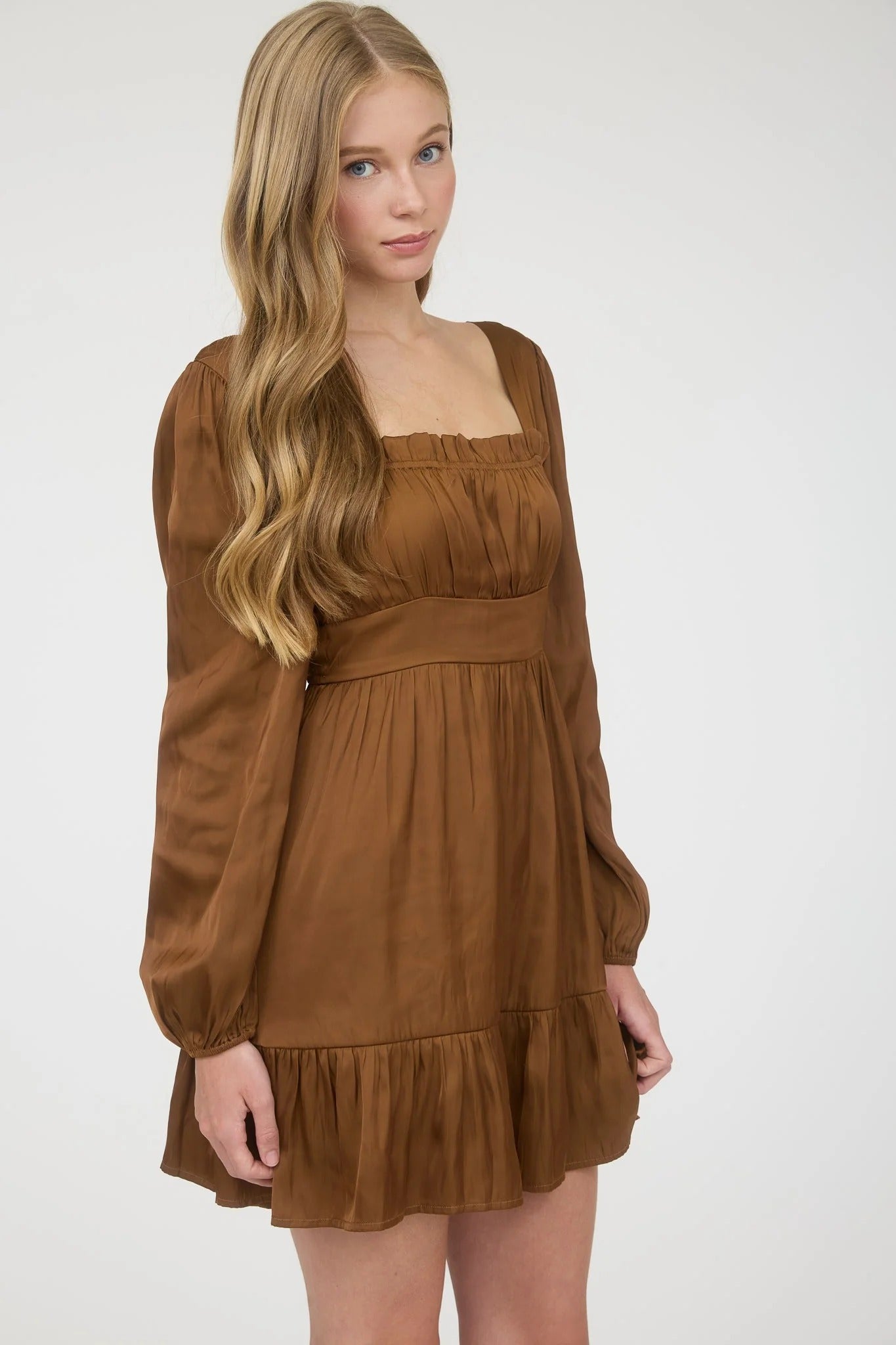 Brown Long Sleeve Square Neck Dress with Ruffle Hem