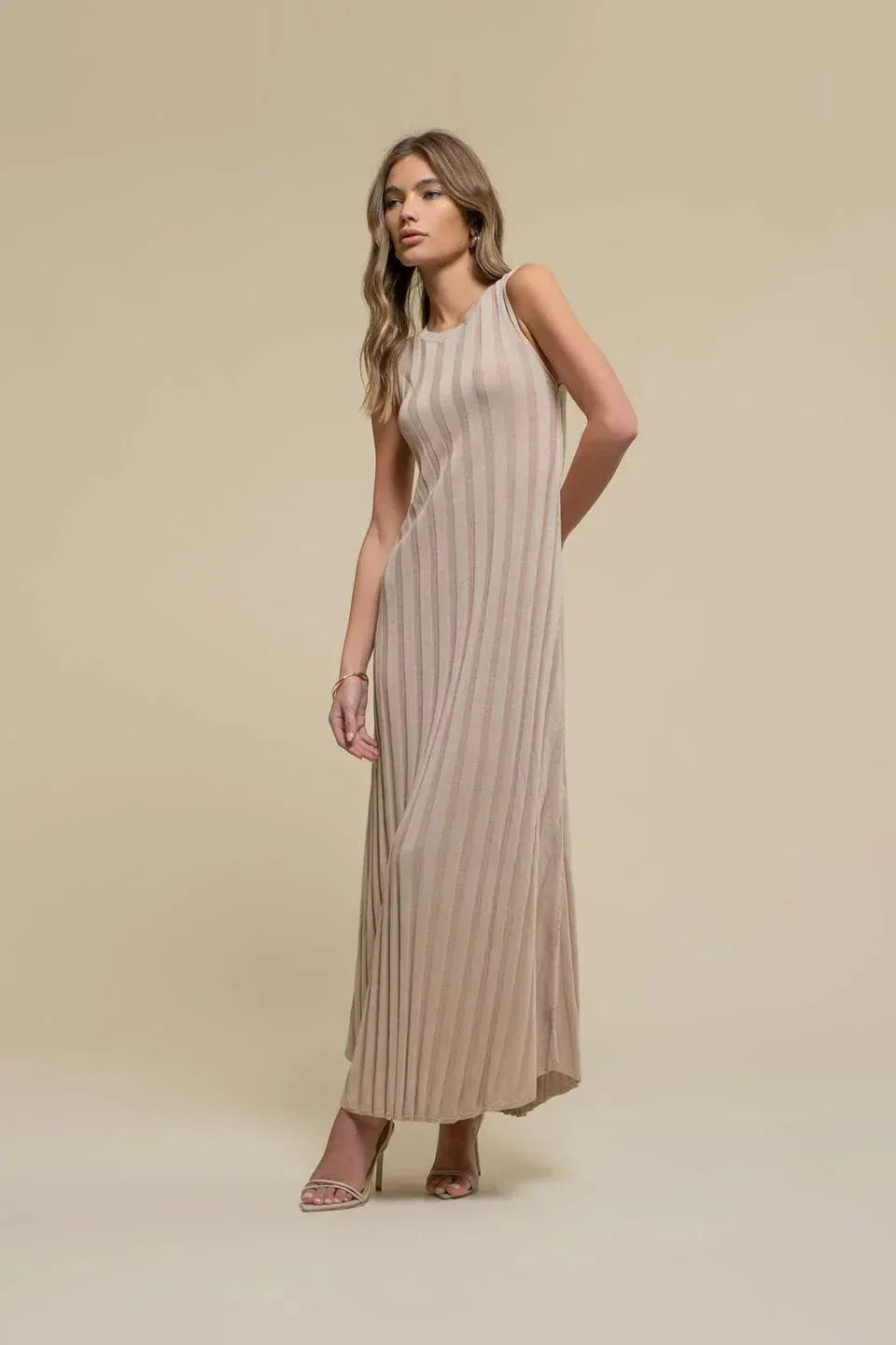Beige Sleeveless Maxi Dress with Ribbed Texture Knit