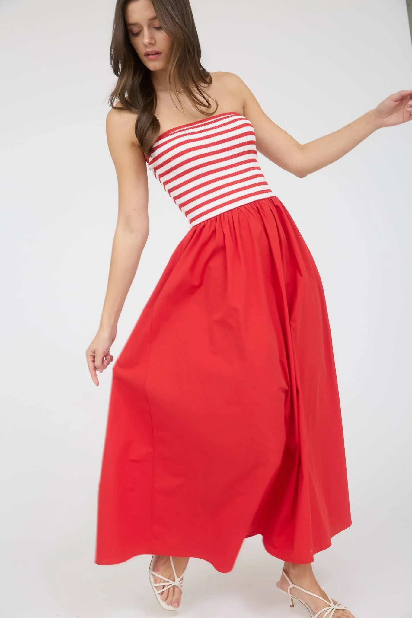 Red Maxi Strapless Dress with Striped Bodice