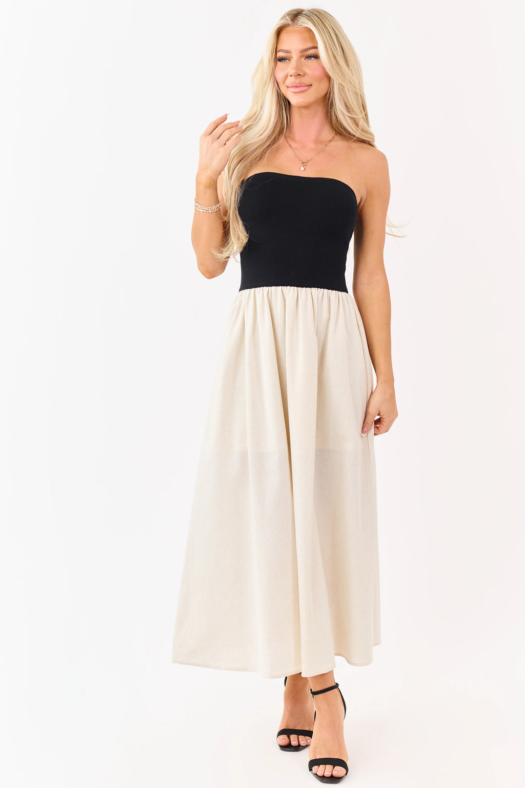 Black Strapless Maxi Dress with Cream Skirt