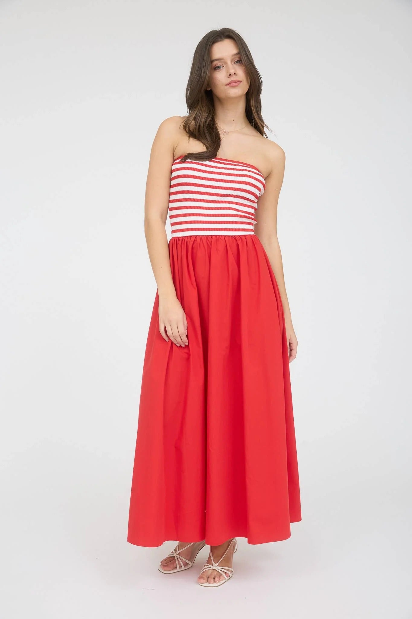 Red Maxi Strapless Dress with Striped Bodice