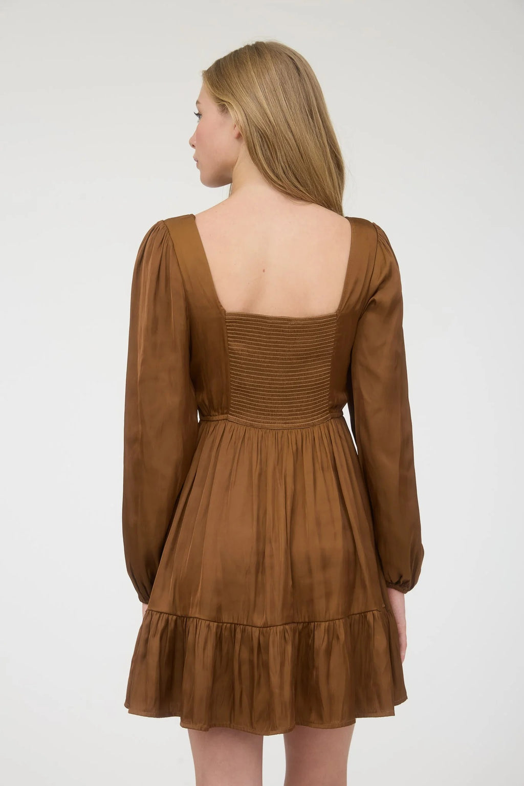 Brown Long Sleeve Square Neck Dress with Ruffle Hem