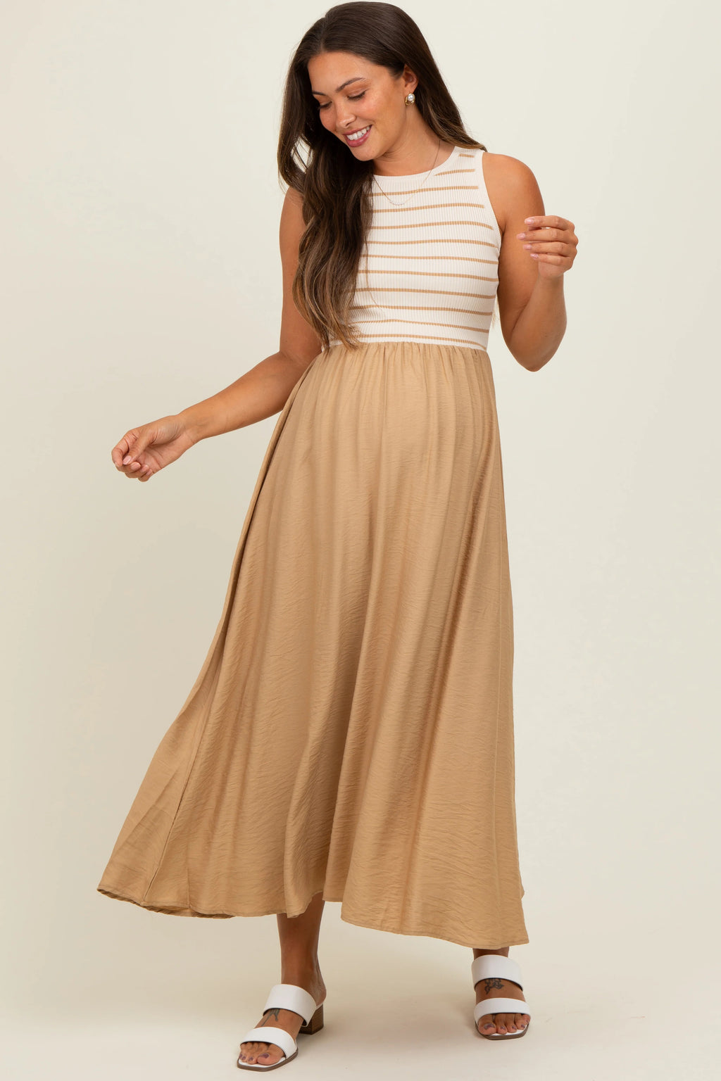 Beige Sleeveless Maxi Dress with Striped Bodice