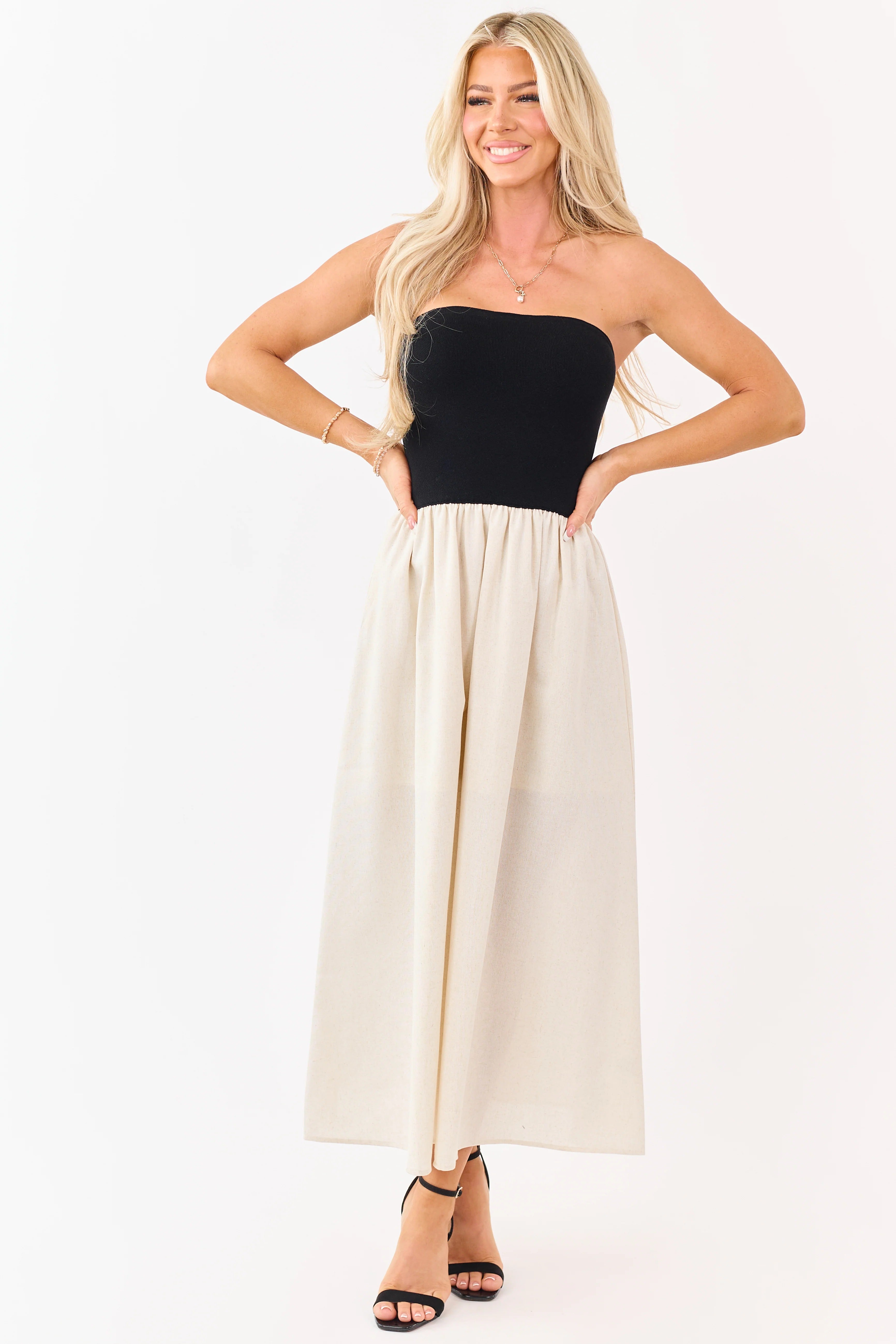 Black Strapless Maxi Dress with Cream Skirt