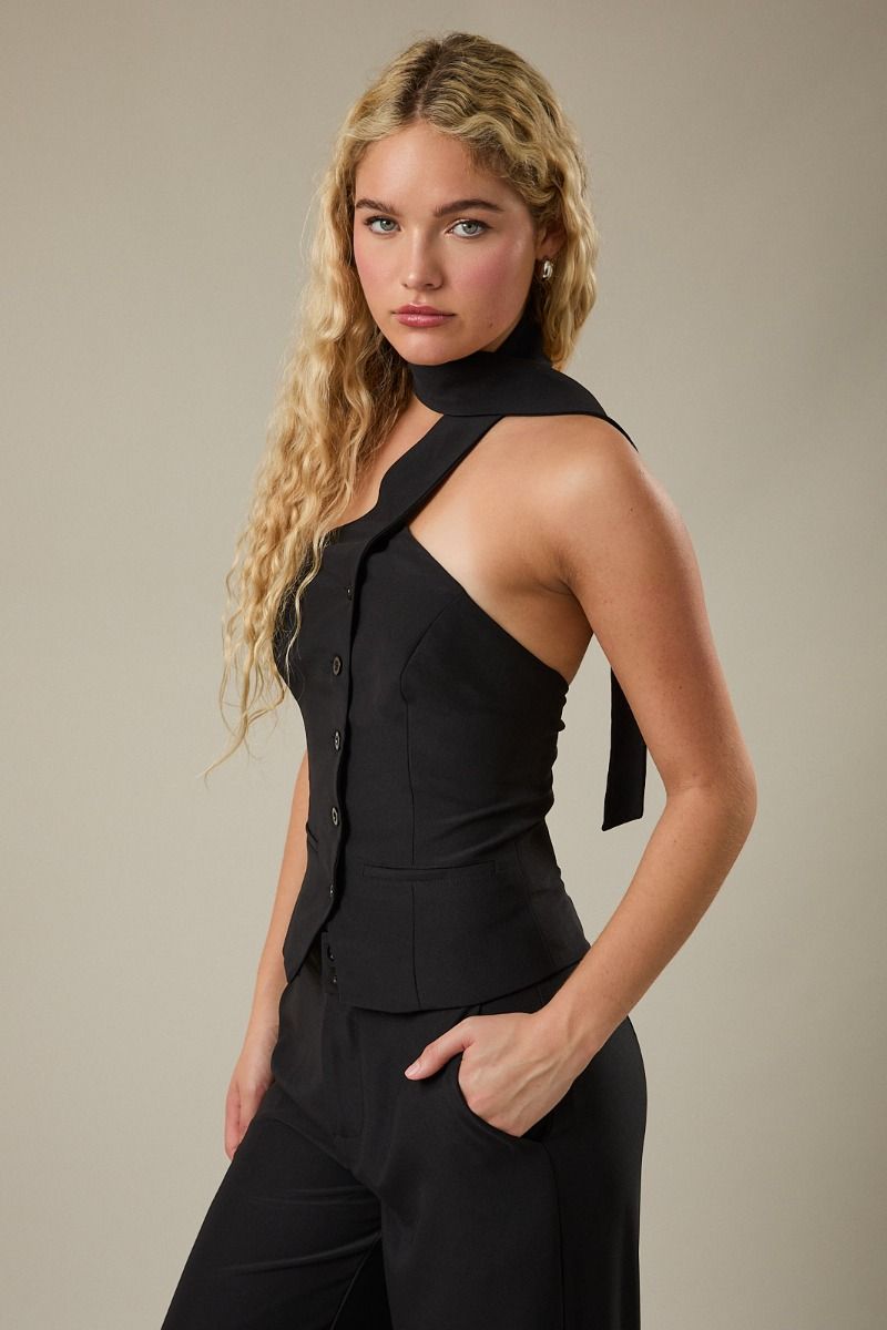Black High Scarf Neckline Button Down Top – Halter Vest Style Woven Dressy Top