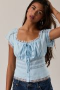 Light Blue Square Neck Lace Trim Top – Cap Sleeve Linen Blend Button Front Blouse